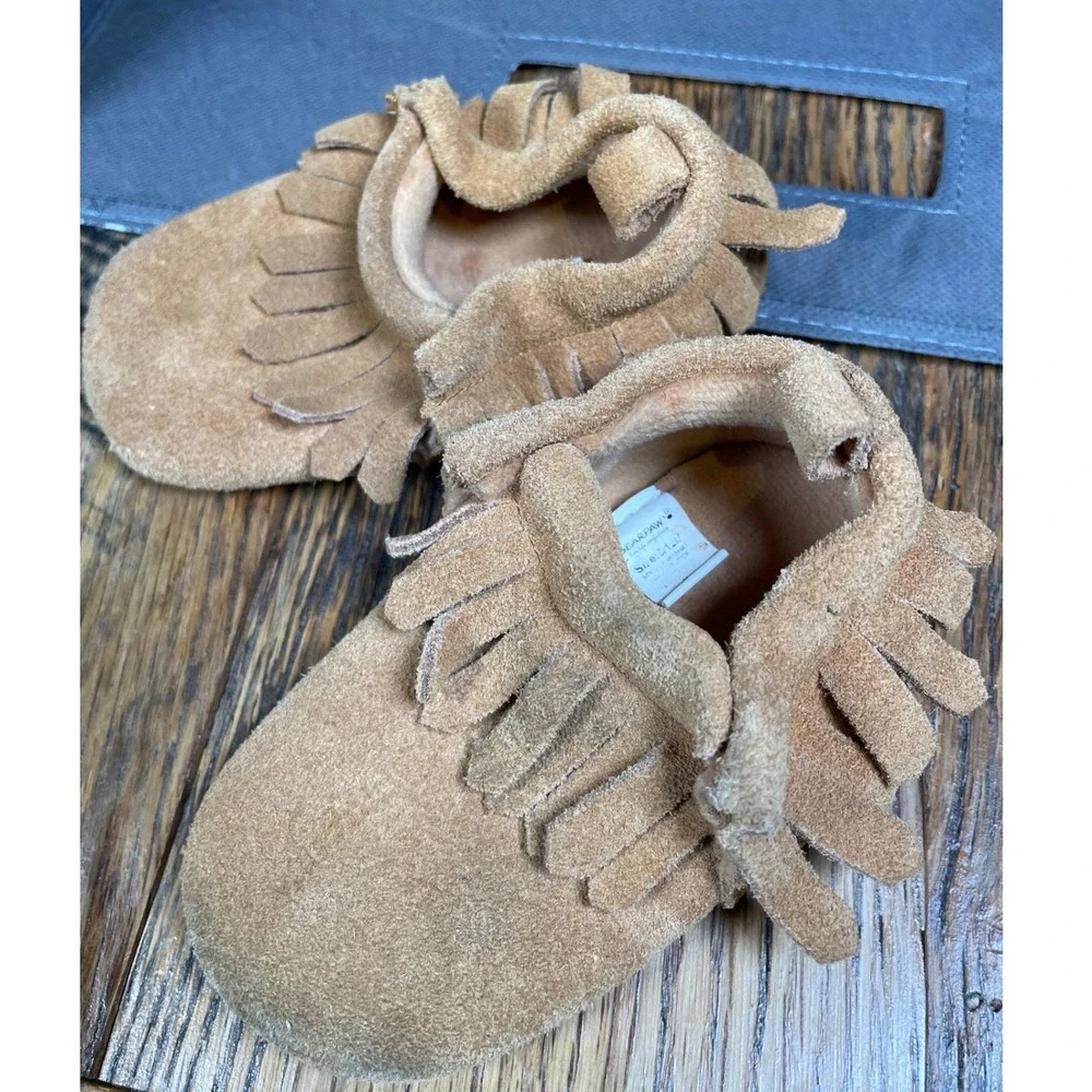 Bearpaw Baby Moccasins Tan Suede Fringe Booties Infant Size 6-12 Months‎ Slip On